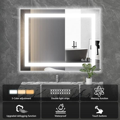 DUMOS 36"x 24" LED Bathroom Mirror with Lights, Dimmable Anti-Fog Front Lit Backlit Lighted Wall Mounted Rectangle for Vanity Makeup Memory Function Tempered Glass Shatter-Proof Horizontal&Vertically