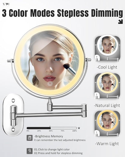 Wall Mounted Makeup Mirror with Light, 20X/1X 8'' Double Sided LED Magnifying Bathroom Lighted Vanity Mirror with Magnification, 3 Color Light up Touch Dimmable Extended Arm 360 Rotation