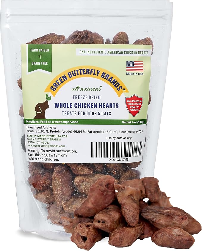 Freeze Dried Chicken Heart Dog Treats Made In USA. All Natural Freeze-Dried Raw Snacks for Dogs and Cats. One Ingredient. High Protein. Heart Health. Irresistible Training Treat-Mewly Pet