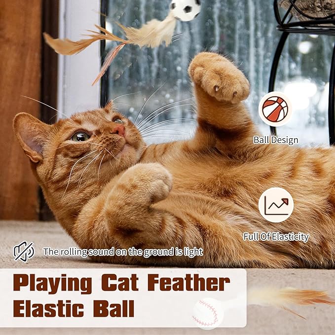 6 Pcs Feather Ball Cat Toy,Interactive Feather Bouncy Ball Toy Set for Cats,Mini and Elastic,Suitable for Pets to Play Indoors and Outdoors-Mewly Pet