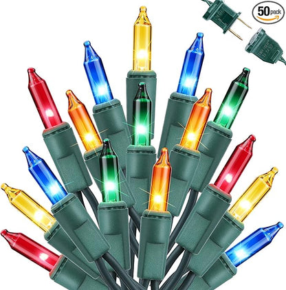 Toodour Multicolor Christmas Lights, 12.5ft 50 Count Incandescent Christmas String Lights, UL Certified Connectable Green Wire Xmas Lights for Tree, Holiday, Party, New Year, Indoor Xmas Decorations