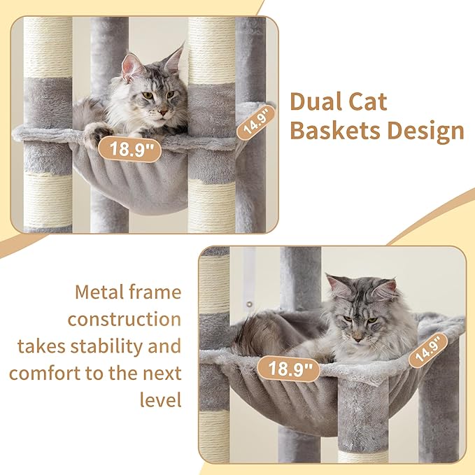 Heybly Heavy Duty Cat Tree, 71-Inch Tall Tower for Large Maine Coon with Extra-Large Baseboard, Cat Condo Furniture with Multi-Level Platforms, 2 Hammocks and 12 Scratching Posts, Light Gray HCT037W-Mewly Pet