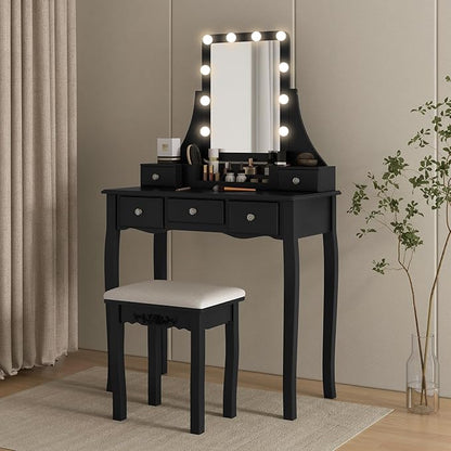 CHARMAID Vanity Desk with Mirror and Lights, Makeup Vanity Table with 5 Storage Drawers, 3 Color Lighting Modes, Adjustable Brightness, Modern Bedroom Dressing Table with Vanity Stool, Black