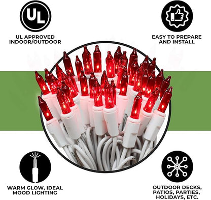 612 Vermont 100 Red Christmas Lights on a White Wire String, UL Approved, Indoor and Outdoor Use, 18’ of Lighted Length, 20’ of Total Length