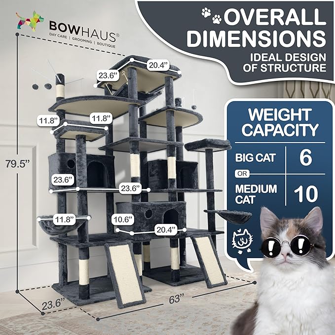 Extra Large 80-Inch Tall Cat Tree w/Widened Perch for Large Cats, Big Cat Tower Indoor, Modern Multi-Level Activity Tower with Scratching Posts, Condos, Baskets, Hammock, Scratching Ramps-Mewly Pet