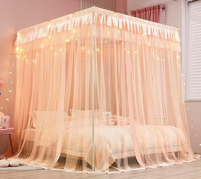 Mengersi Canopy Bed Curtains for Girls Kids - Bed Canopy for Girls Bed Drapes Mosquito Net - Cute Princess Bedroom Decoration Accessories(Full, Peach)