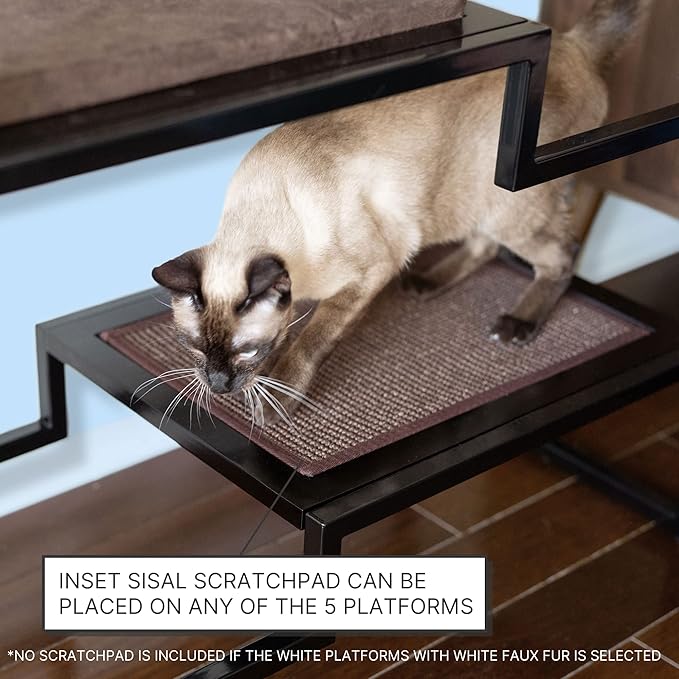 THE REFINED FELINE 62 Inch Tall Metropolitan Cat Condo, Gold Metal Frame Cat Tower, Multi-Level Modern Cat Tree for Indoor Cats, Brown Platforms with Gray Replaceable Cushions & Scratching Post