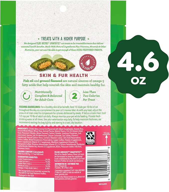 Greenies Feline Smartbites Skin & Fur Health Crunchy and Soft Cat Treats, Salmon Flavor, 4.6 oz. Pack-Mewly Pet