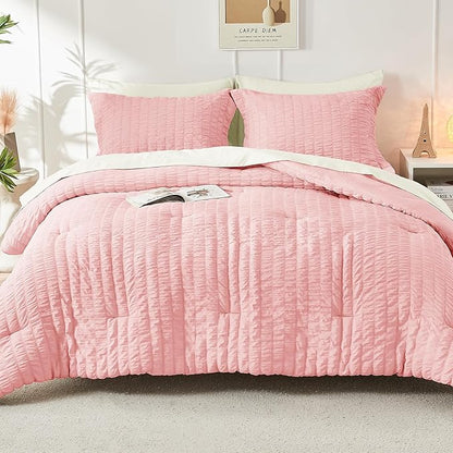 HYMOKEGE Pink/Ivory Full Size Comforter Sets Seersucker 7 Pieces, All Season Luxury Bed in a Bag for Bedroom, Bedding Set with Comforter, Sheets, Pillowcases & Shams