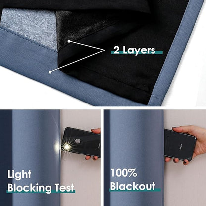 ChrisDowa 100% Blackout Curtains 108 inch Long for Bedroom with Black Liner, 2 Thick Layers Total Blackout Thermal Insulated Grommet Window Curtains 2 Panels Set (Stone Blue, 52 x 108 Inch)