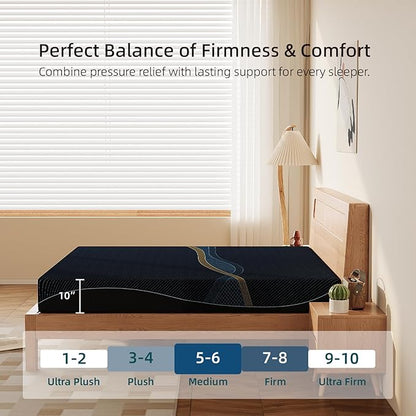 Crystli Queen Mattress 10 Inch, Gel Memory Foam Queen Size Mattresses, Activated Charcoal Infused, Medium Firm Bed Mattress in a Box for Pressure Relief, Fiberglass-Free, CertiPUR-US Certified, Black