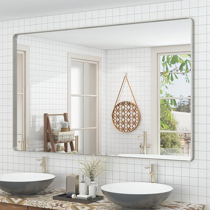60x36 Silver Bathroom Mirrors for Vanity, Brushed Metal Silver Framed Bathroom Mirror for Wall, Modern Rectangle Mirror, Rounded Corners, Shatterproof (Horizontal/Vertical)