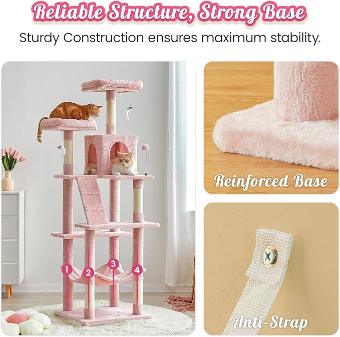 MWPO 70.1-Inch Pink Large Cat Tree, Multi-Level Tall Cat Tower for Indoor Cats, Plush Cat Condo with Big Padded Perches, Sisal-Covered Scratching Posts, Hammock, Toys for Kittens & Cats-Mewly Pet