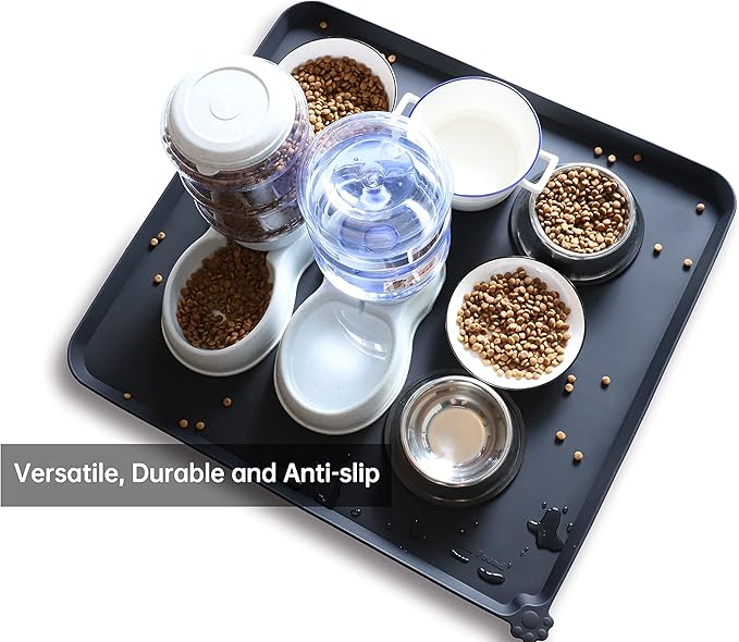 Hoki Found XX-Large Silicone Pet Food Mats - Non-Slip Dog & Cat Feeding Mats - Waterproof for Carpet - Black-Mewly Pet