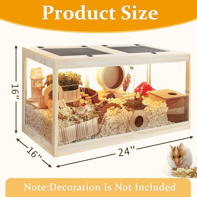 Prolee Hamster Cage with Openable Metal Mesh Top,Solid Built Hamster Enclosure with Lock Design for Gerbil Cage,Hamster Habitat Chewproof with Transparent Panels (24"x16"x16")-Mewly Pet