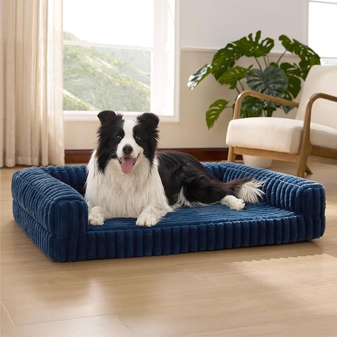 Bedsure Orthopedic Dog Beds Large Sized Dog, Waterproof Memory Foam Pet Bed with Sides, Non-Slip Bottom and Egg-Crate Foam Large Pet Couch Sofa with Washable Removable Corduroy Cover, Blue-Mewly Pet