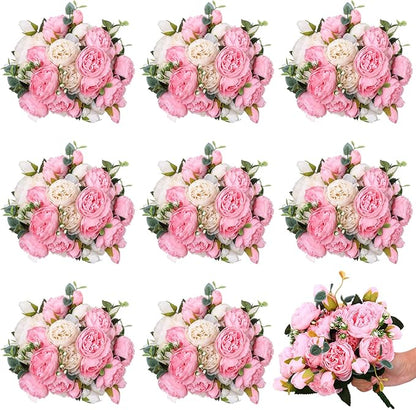 Hoteam 24 Bundles Artificial Peonies Flowers Wedding Faux Flowers Silk Peony Bouquet Bulk Bride Fake Florals Arrangements for Table Centerpieces Wedding Party Vase Decor (Light Pink, White)