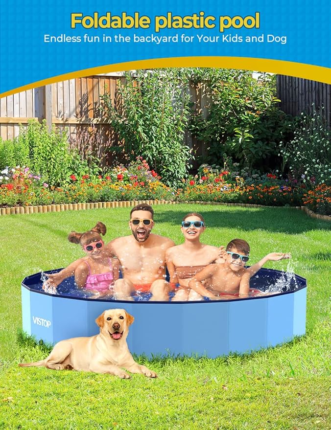 VISTOP Jumbo Foldable Dog Pool, Hard Plastic Shell Portable Swimming Pool for Dogs Cats and Kids Pet Puppy Bathing Tub Collapsible Kiddie Pool (97inch.D x 15.7inch.H, Blue)-Mewly Pet