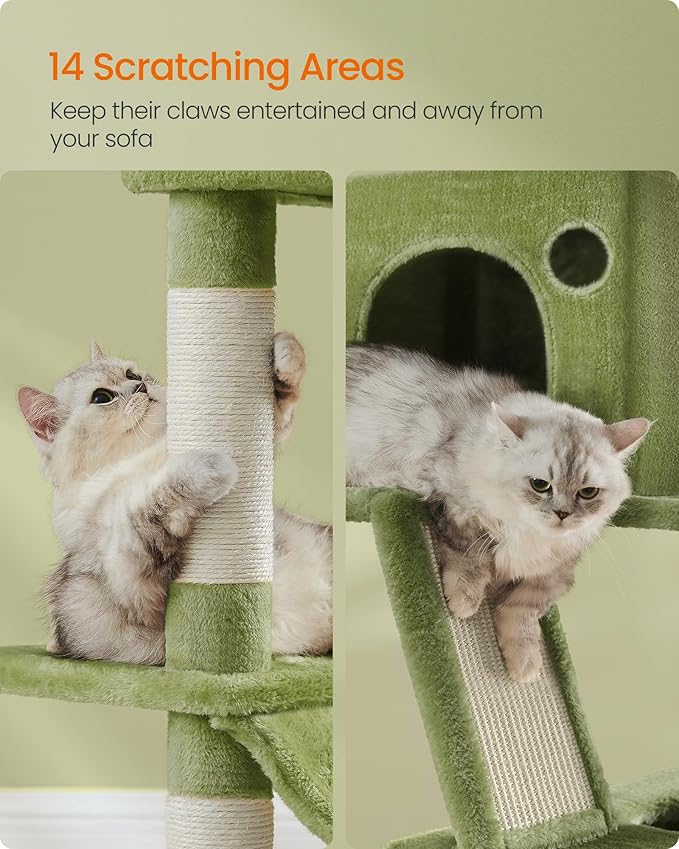 Feandrea Cat Tree, 81.1-Inch Large Cat Tower with 13 Scratching Posts, 2 Perches, 2 Caves, Basket, Hammock, Pompoms, Multi-Level Plush Cat Condo for Indoor Cats, Green UPCT190C01-Mewly Pet