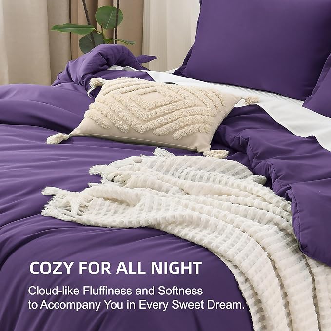 Litanika Purple Comforter Set King Size, 3 Pieces Lightweight Solid Bedding Comforter Set, All Season Fluffy Bed Set (104x90In Comforter & 2 Pillowcases)