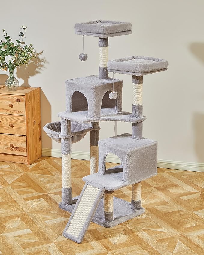 Taoqimiao 56.3-Inch Cat Tree, Cat Tower with Scratching Posts, Cat Tree House for Indoor Cats with hammocks, Toys, Condo and Large Scratch Board, Light Gray MS012W-Mewly Pet