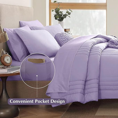 Monbix Queen Comforter Set - 7 Pieces Light Purple Bed in a Bag Queen Bedding Sets with Comforters, All Seasons Down Alternative Comforter Bed Set with Sheets, Pillowcases & Shams