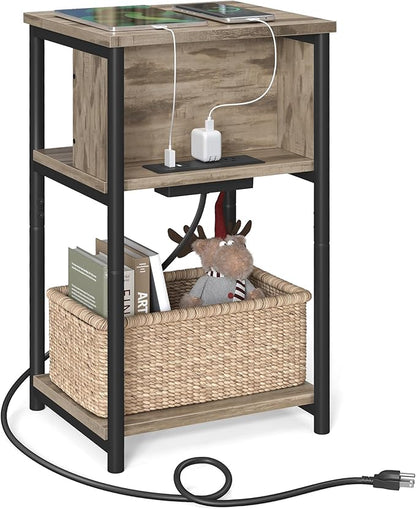 VASAGLE Side Table with Charging Station, 3-Tier End Table with USB Ports and Outlets, Nightstand for Living Room, Bedroom, 11.8 x 13.4 x 22.8 Inches, Plug-in Series, Camel Brown and Black