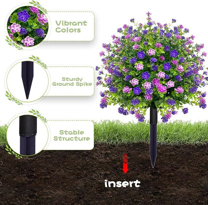 2 Pack Artificial Topiary Ball Trees Boxwood Shrubs with Spikes, UV Resistant Fake Flowers Bushes for Outdoor, Look Real Faux Plants for Porch Pathway Garden Yard Patio Halloween Decor -Purple
