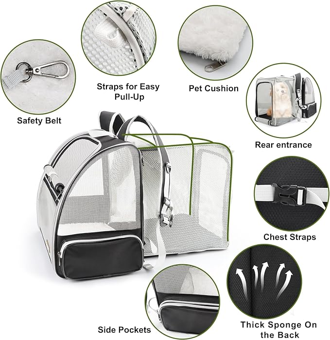 Texsens Cat Backpack - Expandable Pet Carrier for Medium Cats and Small Dogs up to 17 lbs - Breathable, Collapsible & Soft Cat Travel Bag for Outdoor Hiking (Black)-Mewly Pet