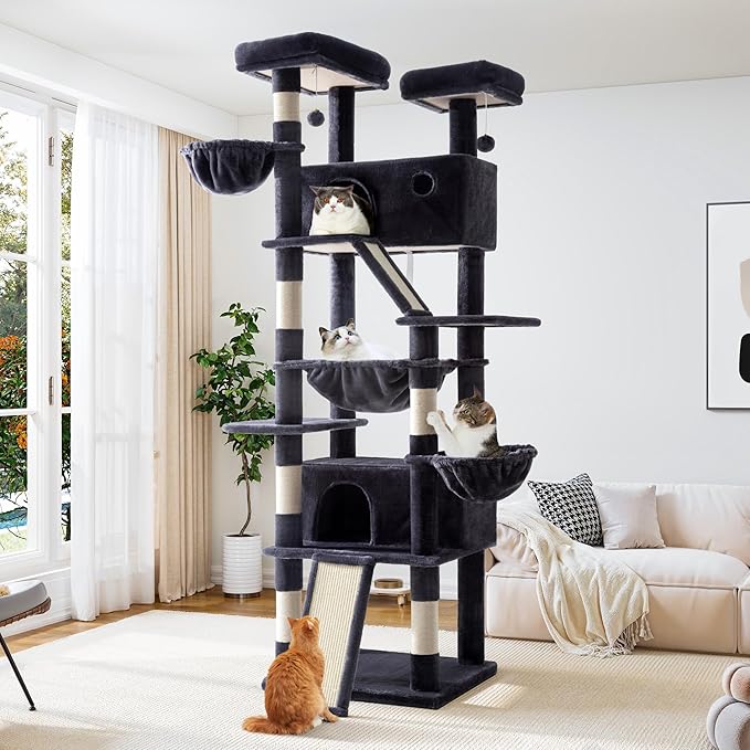 Allewie 81 Inches Tall Cat Tree/Multi-Level Large Climbing Tree House and Towers for Big Feline/Condo and Hammock/Scratching Post/Wide Base/Dark Grey-Mewly Pet