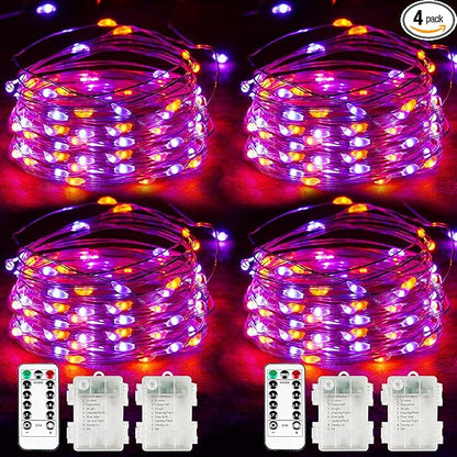 4-Pack 33FT 100 LED Fairy Lights Battery Operated with Remote & Timer, Fairy Halloween String Lights, Waterproof 8 Modes Twinkle Lights for Room Decor (Purple and Orange)