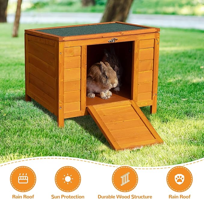 COZIWOW 24inches Wooden Catio Outdoor Cat House Small Animal House，Rabbit Hutch Indoor，Stable Weatherproof Bunny Cage Pet Shelter for Small Cat Dog Rabbit Guinea Pig(Orange)-Mewly Pet
