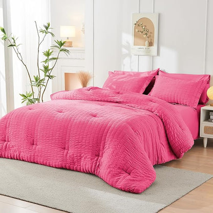 HYMOKEGE Hot Pink Full Size Comforter Sets Seersucker 7 Pieces, All Season Luxury Bed in a Bag for Bedroom, Bedding Set with Comforter, Sheets, Pillowcases & Shams