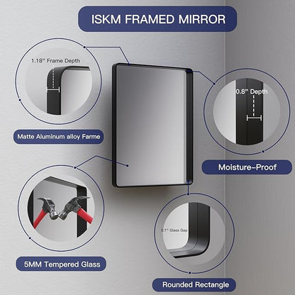ISKM Black Bathroom Mirror for Wall 40" x 38" Matte Black Framed Vanity Mirror, Shatter-Proof, Tempered Glass, Rounded Rectangle Mirror(Horizontal/Vertical)