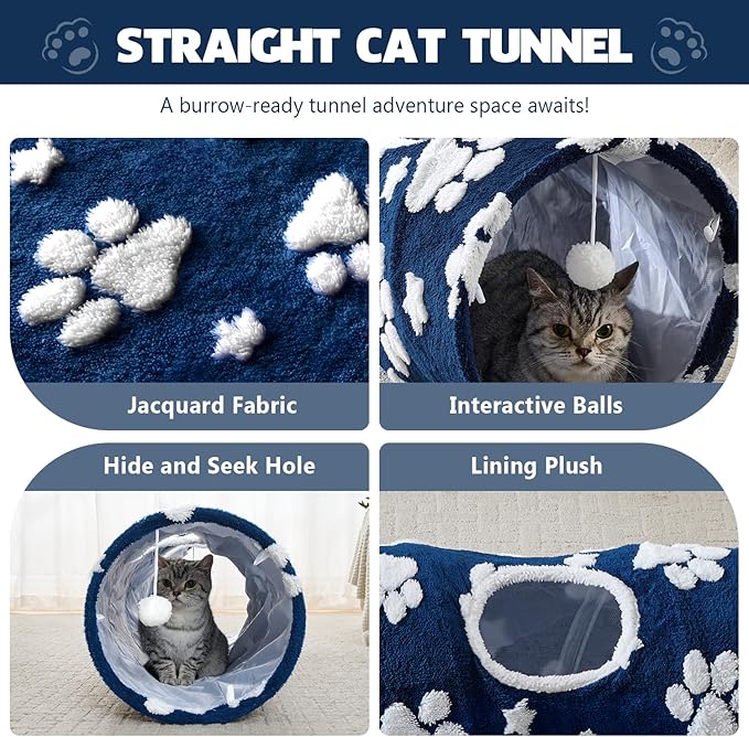 Straight Cat Tunnel for Indoor Cats 47"x12", Cute Cat Toys Collapsible Tunnel Tube with Balls for Puppy Kitten Rabbit, Blue Paw-Mewly Pet