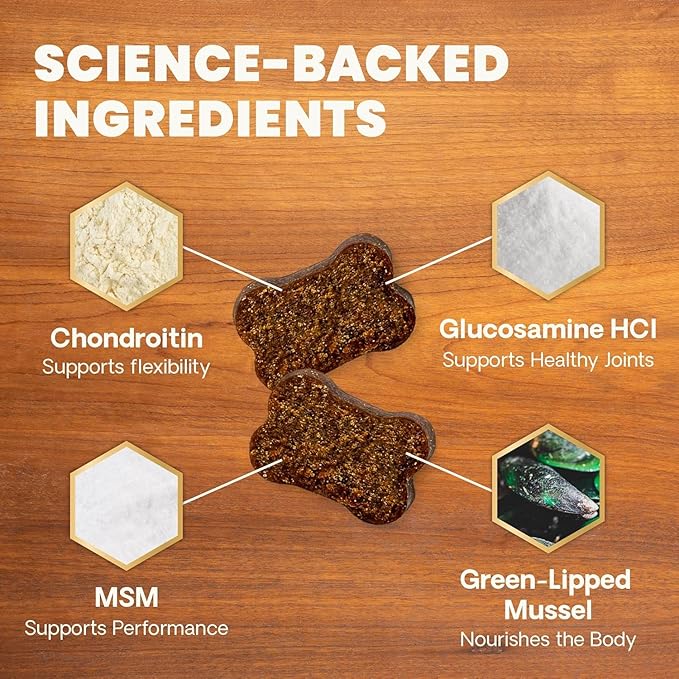 VetriScience Ultimate Strength Healthy Hip & Joint Chews, GlycoFlex Glucosamine, Chondroitin and Green-Lipped Mussel Joint Support Supplement for Dogs, Soothe Joint Discomfort, Duck, 60 Count-Mewly Pet