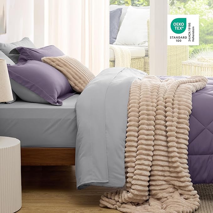 Bedsure Queen Comforter Set - 7 Pieces Reversible Grayish Purple Bedding, Queen Size Bed Set for All Seasons, Bed in a Bag with Down Alternative Comforter, Sheets, Pillowcases & Shams
