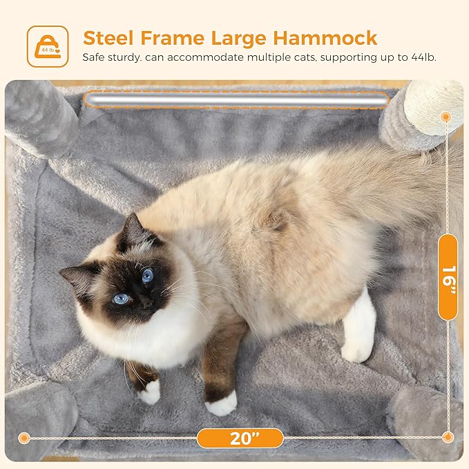 Cat Tree for Large Cats Adult with Metal Plush Big Hammock, 56.3" Cat Tower with 2 Door Condo House, 6-Tier Cat Shelves with Scratching Posts and Large Top Perch, Gray-Mewly Pet