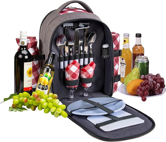 apollo walker Picnic Backpack Bag with Cooler Compartment, Detachable Bottle/Wine Holder, Fleece Blanket, Plates and Cutlery Set (2 Person, Gray)-Mewly Pet