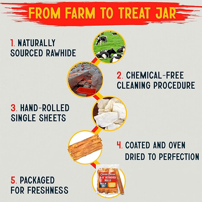 Canine Chews 8-9" Chicken Coated Dog Rawhide Retriever Rolls (25 Pack) - Chicken Rawhide Bones for Large Dogs - 100% USA-Sourced Chicken Coated Dog Rawhide Chews - Healthy Dog Dental Chew Rawhides-Mewly Pet