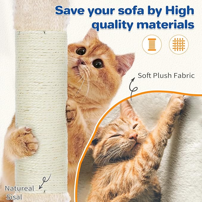 Cat Tree Tower 63in Multi-Level Cat Tower for Indoor Cats with Sisal Scratching Posts, Condo, Hammock, Dangling Ball and Extended Platform for Cats to Play, Beige-Mewly Pet