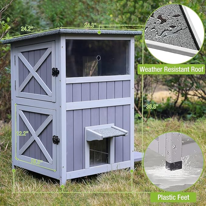 GUTINNEEN Outdoor Cat House Weatheproof Feral Cat Shelter Wooden Cat Condo for Winter with Escape Doors（AIR14）-Mewly Pet