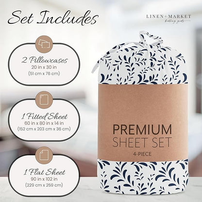 Linen Market Double-Brushed Patterned Microfiber Queen Sheet Set 4 Piece – Oeko-TEX Certified Ultra Soft & Wrinkle-Free - 16" Deep Pocket Sheets - Easy Care Queen Size - Burst of Vines Navy
