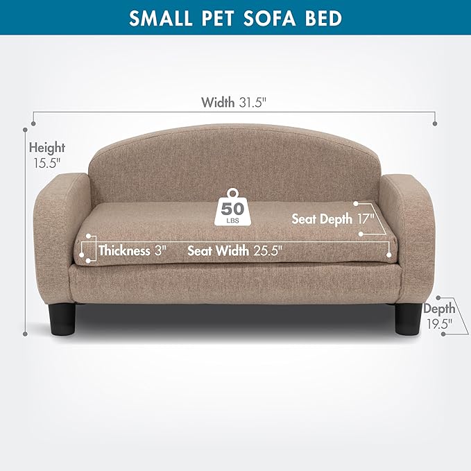 Paws & Purrs Cat Sofa Bed, Pet Couch for Indoor Cats Elevated Cat Beds with Removable Washable Mattress Cover for Kitten, Puppy or Small Animal- 31.5" Wide, Sand-Mewly Pet