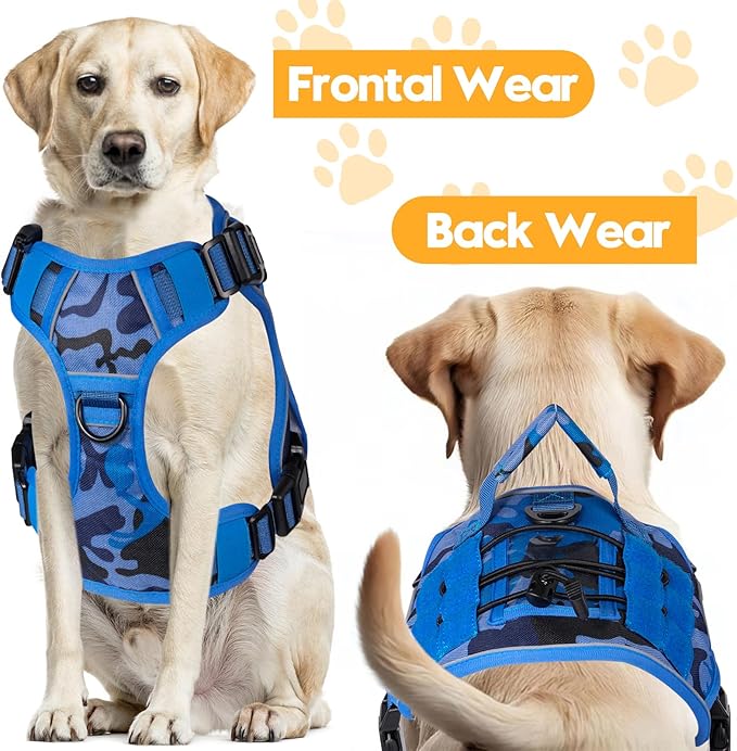 Heavy-Duty Tactical Dog Harness for Large Dogs, No Pull Adjustable Reflective Pet Vest with Molle System, K9 Military-Grade Control for Service Training, Outdoor & 10+ Breeds, Blue Camo, Small-Mewly Pet