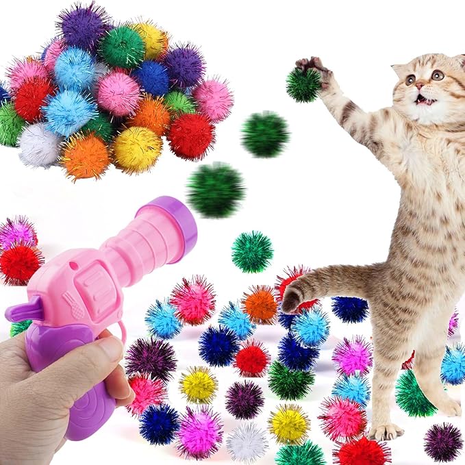 Dorhui Cat Toy Balls with Launchers Set, 30 Pcs Sparkle Pom Ball for Cat,Cat Enrichment Toys,cat Toys for Indoor Cats, Interactive Glitter Pom Ball for Kitty Gifts-Mewly Pet