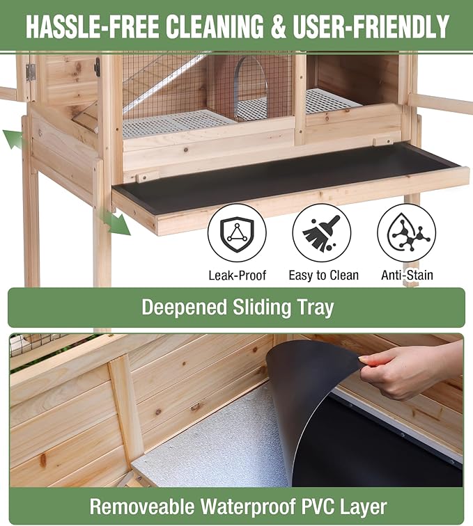 GUTINNEEN Guinea Pig Cage Rabbit Cage Indoor with Chew-Proof Edges, Clean Deep Tray, Leakproof PVC Layer, Small Animals Cage with Adjustable Legs - Natural Wood Color-Mewly Pet