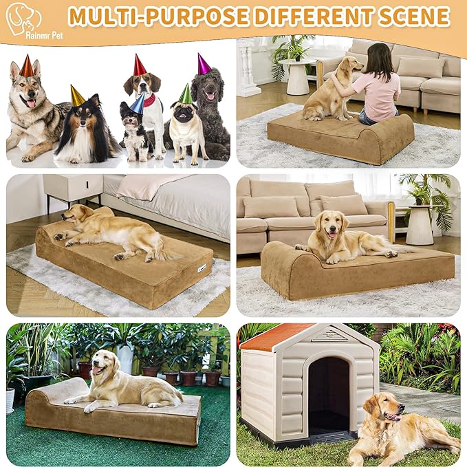 Orthopedic Dog Beds for Large Dogs, 7" Memory Foam Dog Beds with Waterproof Liner, Chew Proof Microsuede Cover, Removable and Washable, Nonskid Bottom, 48"x30" L Khaki-Mewly Pet