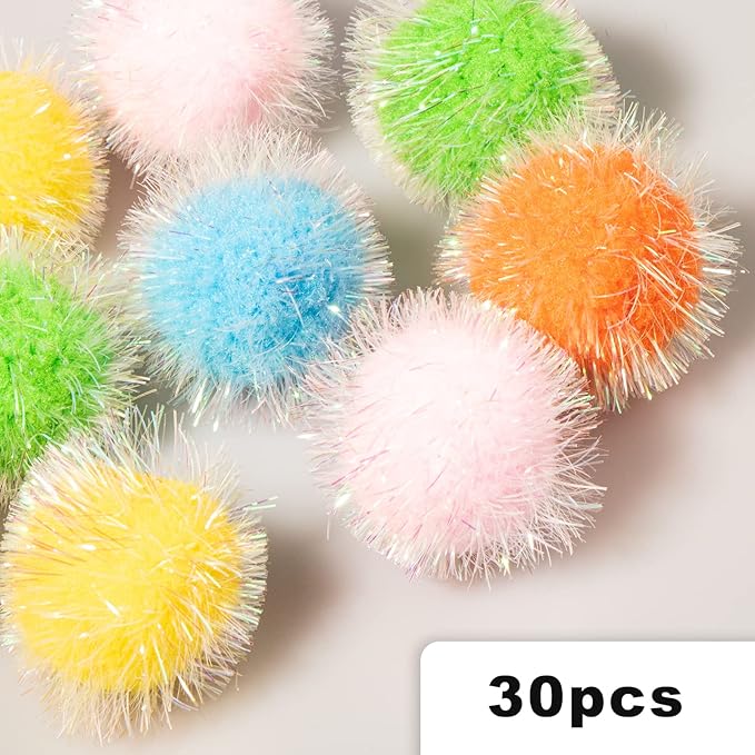 VAPKER 30 Pcs Cat Toys - Extra Large 2 Inch Sparkle Balls, Cat's Favorite Chase Glitter Tinsel Pom Poms, Assorted Colors-Mewly Pet