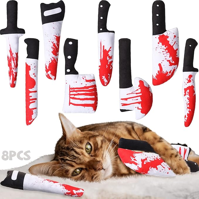Honoson 8 Pcs Knife Cat Chew Toys Catnip Toys Interactive Stuffed Kitten Chew Toys Teething Resistant for Christmas Halloween Indoor Kitten Cats Boredom Relief Teeth Cleaning(Knife Pattern)-Mewly Pet